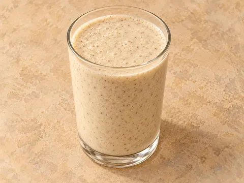 Illustration of a blended banana smoothie with Greek yogurt and ground flaxseed.