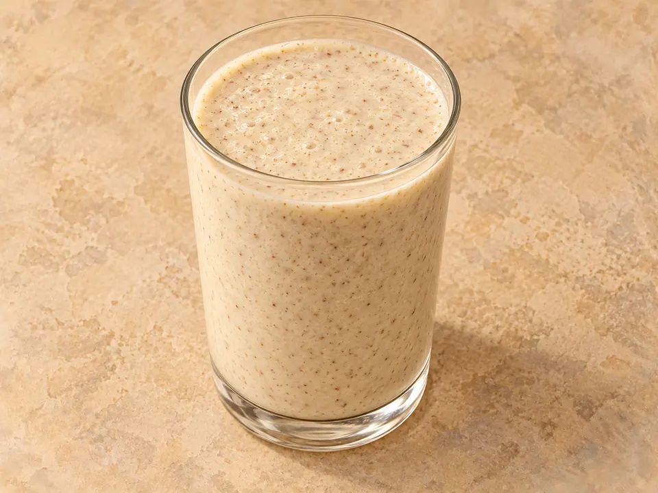 Illustration of a blended banana smoothie with Greek yogurt and ground flaxseed.