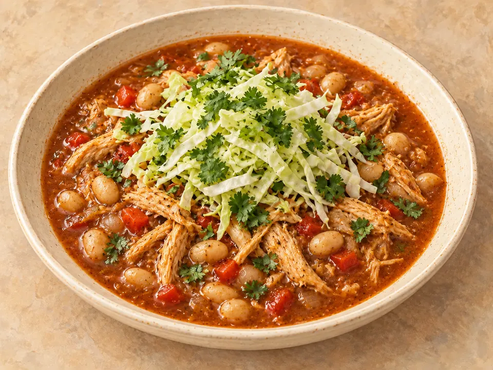 Illustration of shredded chicken and white beans in red enchilada broth with cabbage and cilantro.