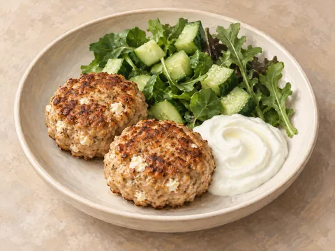 Illustration of two turkey-feta patties with cucumber, salad greens and yogurt.