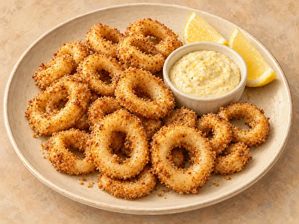 Illustration of golden almond-crusted fried calamari rings with lemon wedges and a bowl of lemon-garlic mayonnaise.