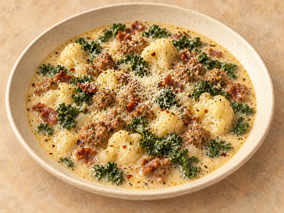 Illustration of creamy zuppa toscana with chicken sausage, turkey bacon, cauliflower and kale.