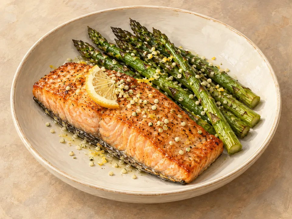 Illustration of salmon with roasted asparagus, lemon and hemp hearts.