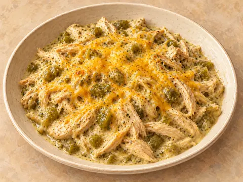 Illustration of shredded chicken in green chili sauce under melted cheddar cheese.