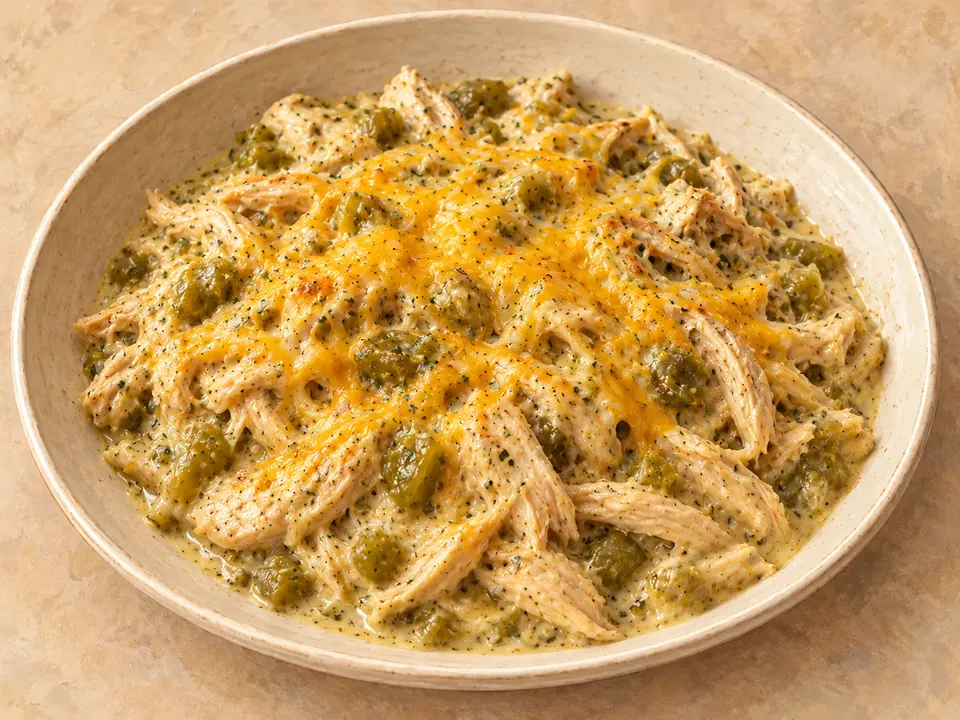 Illustration of shredded chicken in green chili sauce under melted cheddar cheese.