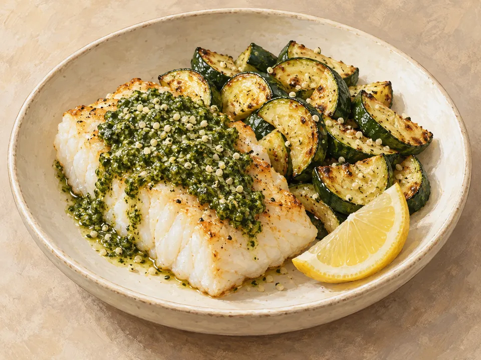 Illustration of pesto-topped cod with roasted zucchini and hemp hearts.