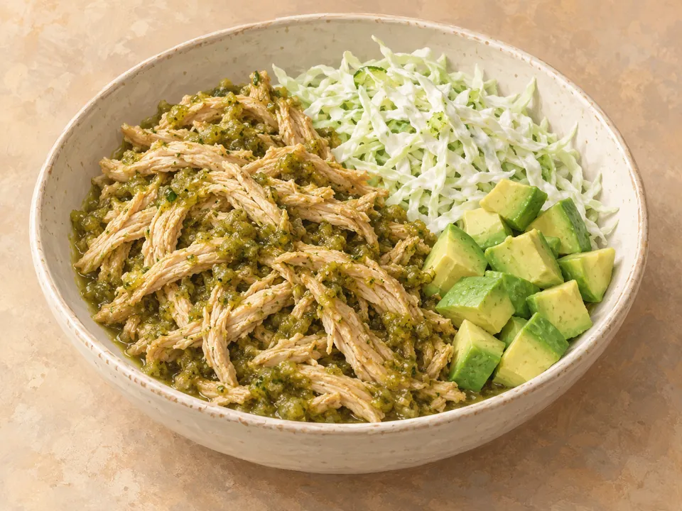 Illustration of green-salsa shredded chicken with cabbage slaw and avocado.