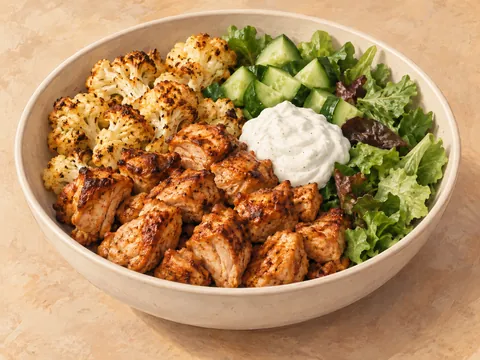 Illustration of shawarma-spiced chicken, cauliflower, cucumber and yogurt over greens.
