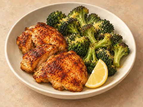 Illustration of smoky chicken thighs and browned broccoli with nutritional yeast.