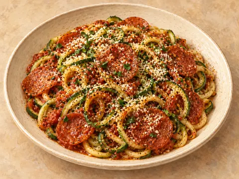 Illustration of zucchini noodles coated in marinara sauce with pepperoni slices.