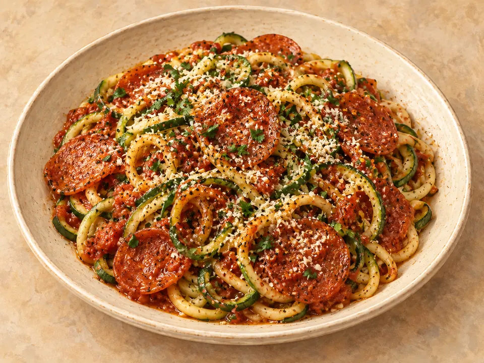 Illustration of zucchini noodles coated in marinara sauce with pepperoni slices.