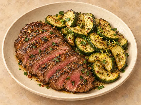 Illustration of broiled steak strips and zucchini with lemon and oregano.