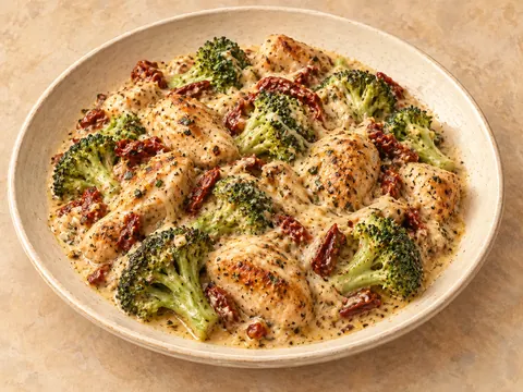 Illustration of chicken pieces and broccoli in cream cheese sauce with sun-dried tomatoes.