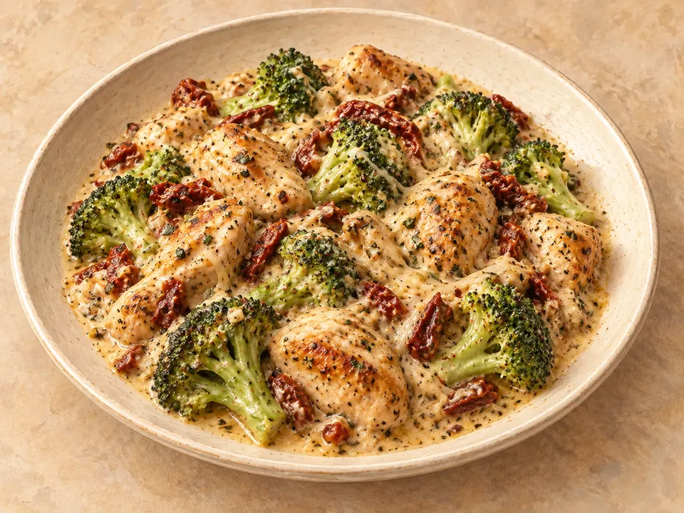 Illustration of chicken pieces and broccoli in cream cheese sauce with sun-dried tomatoes.