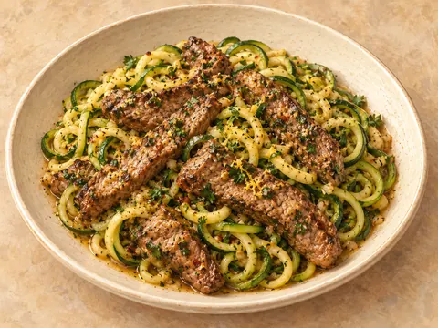 Illustration of steak strips with zucchini noodles in lemon-garlic butter sauce.