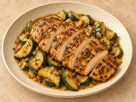 Illustration of asado-seasoned chicken breast with sautéed lemon zucchini.