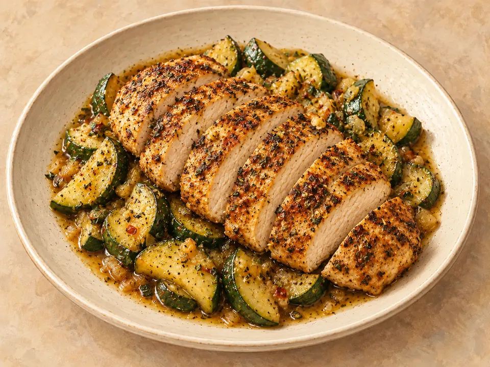 Illustration of asado-seasoned chicken breast with sautéed lemon zucchini.