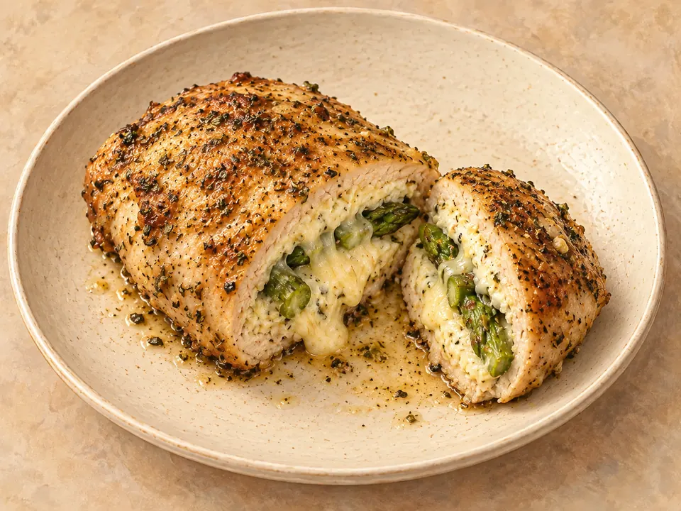 Illustration of chicken breasts stuffed with asparagus and creamy Gruyere cheese filling.