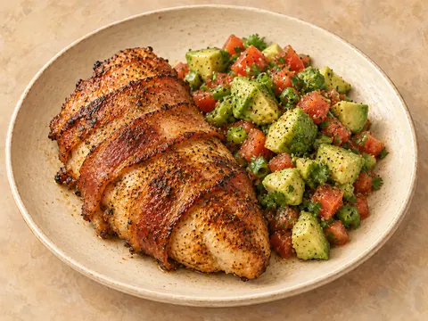 Illustration of bacon-wrapped chicken with tomato and avocado salsa.