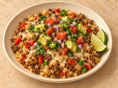 Illustration of ground beef and spiced cauliflower rice with melted cheese, avocado and fresh peppers.