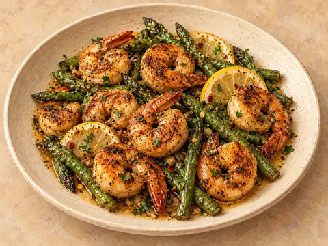 Illustration of blackened shrimp with asparagus in lemon-butter pan sauce.