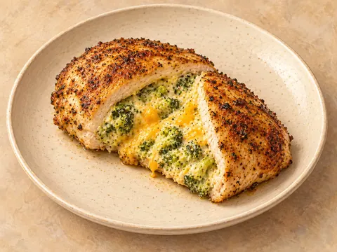 Illustration of chicken breasts stuffed with broccoli and cheddar cheese.