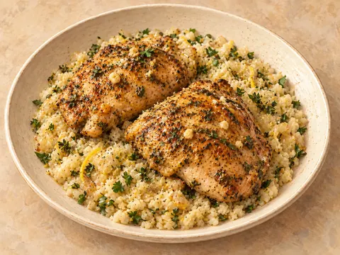 Illustration of garlic-herb chicken with lemon-parmesan cauliflower rice.