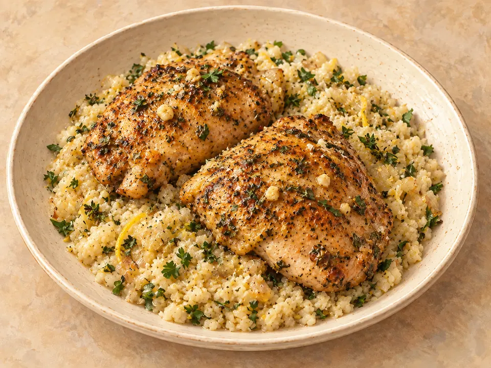 Illustration of garlic-herb chicken with lemon-parmesan cauliflower rice.