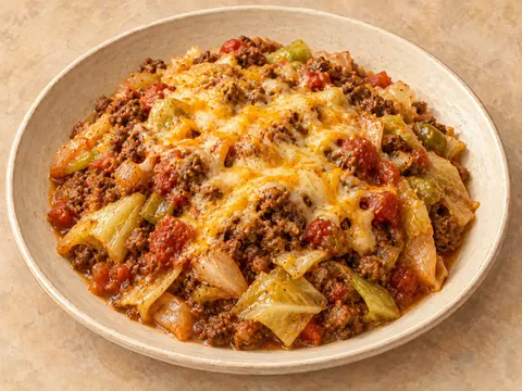Illustration of ground beef and cabbage casserole with tomatoes and melted cheese.