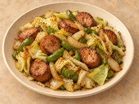Illustration of grilled sausage and cabbage with bell pepper and onion.