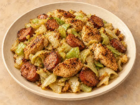 Illustration of cajun chicken and smoked sausage with fried cabbage.