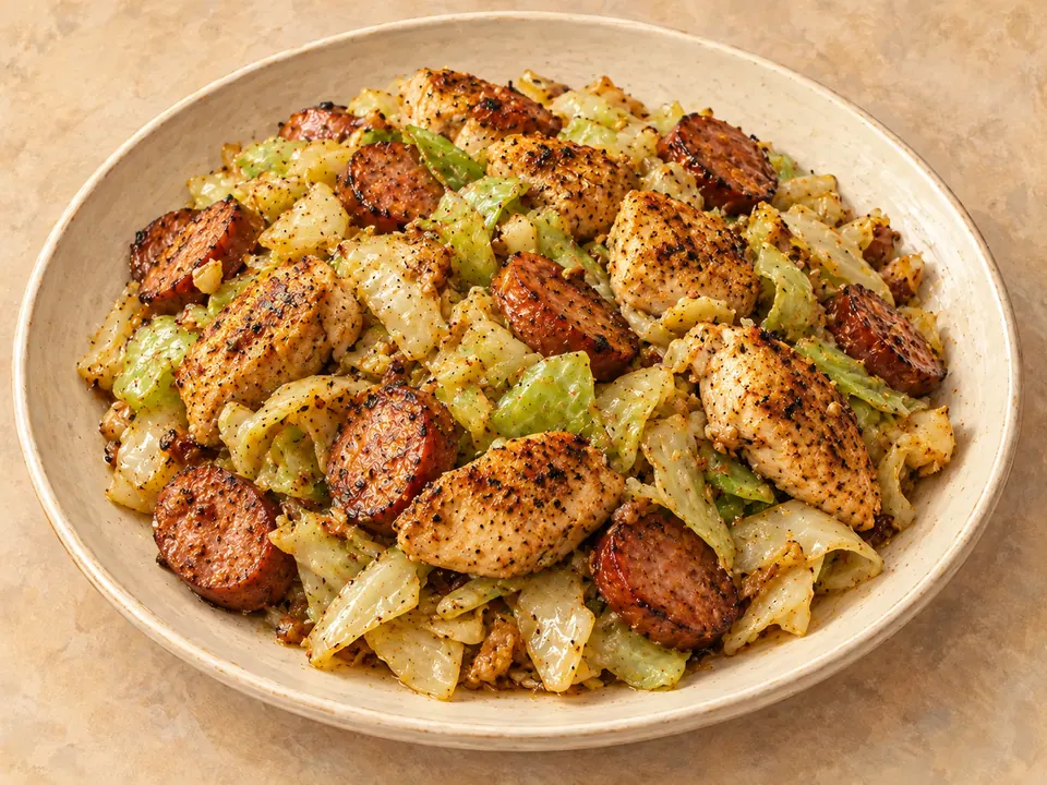 Illustration of cajun chicken and smoked sausage with fried cabbage.