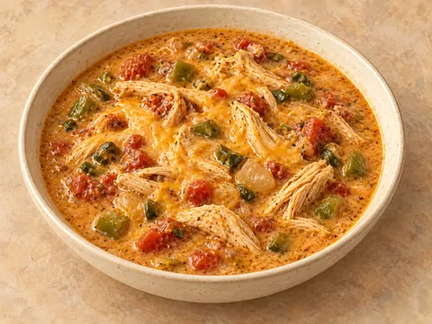 Illustration of creamy chicken enchilada soup with green chilies, tomatoes and cheddar.