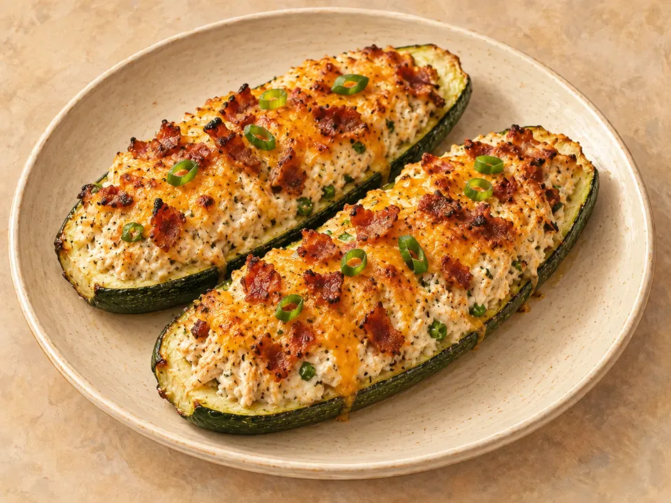 Illustration of baked zucchini boats filled with chicken, bacon and cheddar.