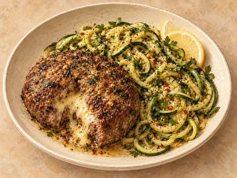 Illustration of cheesy garlic beef burgers beside lemon-butter zucchini noodles.