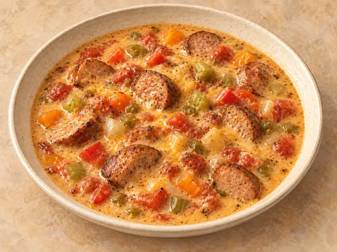 Illustration of creamy smoked sausage soup with bell peppers, celery, tomatoes and cheddar.