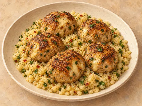 Illustration of cheesy turkey meatballs with lemon-butter cauliflower rice.