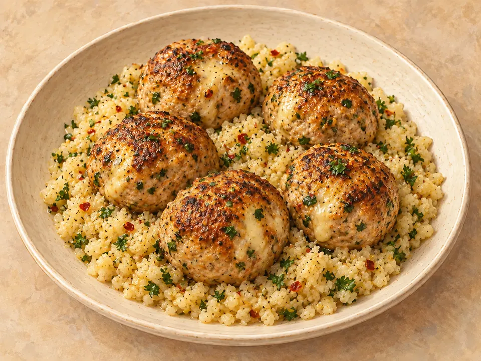 Illustration of cheesy turkey meatballs with lemon-butter cauliflower rice.