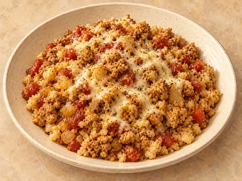 Illustration of ground chicken and spiced cauliflower rice under melted Monterey Jack cheese.