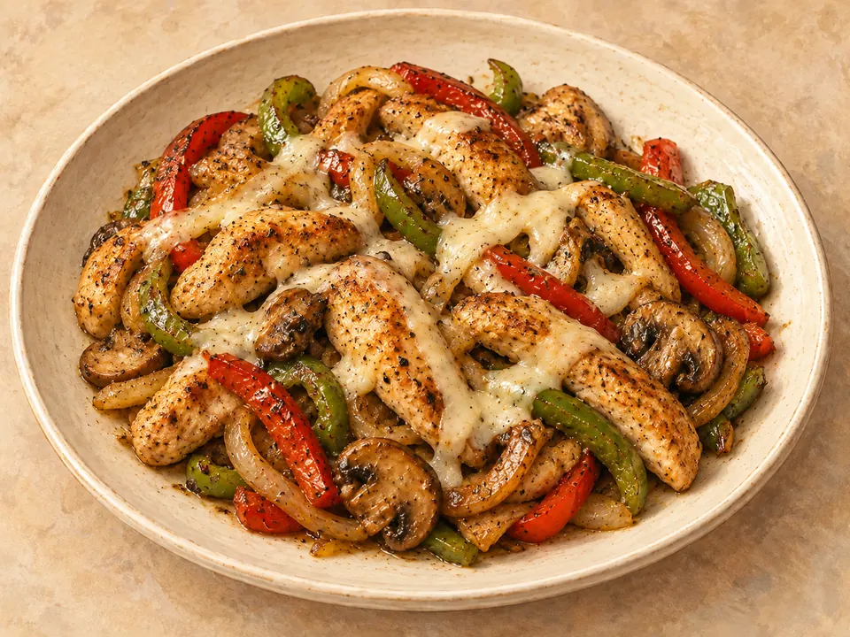 Illustration of chicken strips with bell peppers, onion and mushrooms under melted provolone.