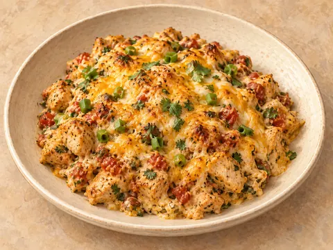 Illustration of chicken taco casserole with tomatoes, chilies and melted Mexican cheese.