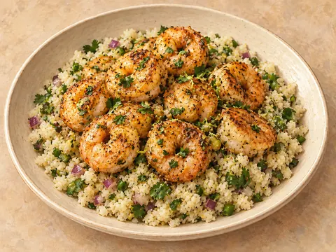 Illustration of cilantro-lime shrimp in garlic butter over cauliflower rice.