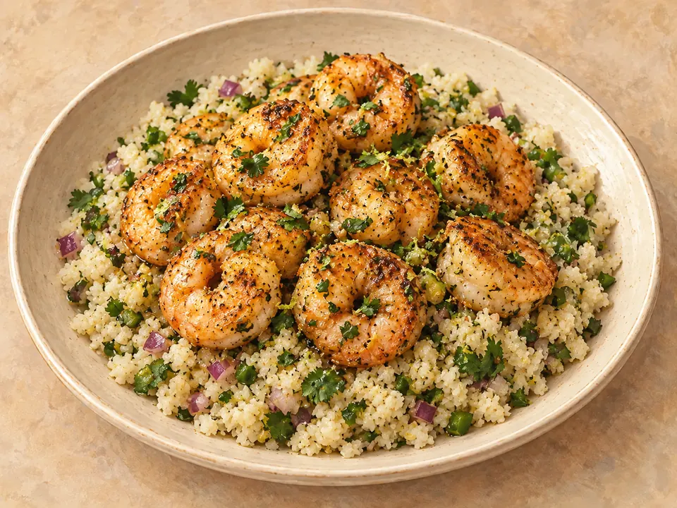 Illustration of cilantro-lime shrimp in garlic butter over cauliflower rice.
