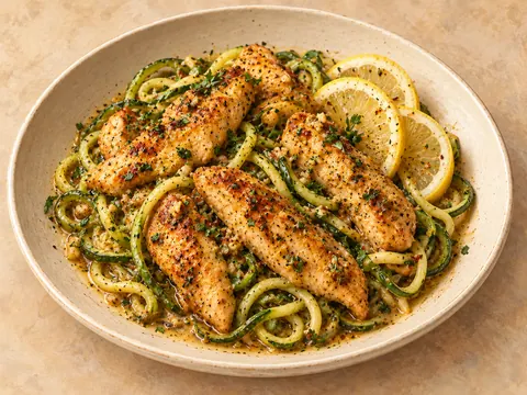 Illustration of chicken pieces and zucchini noodles coated in cowboy butter sauce with Dijon and lemon.