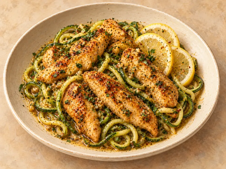 Illustration of chicken pieces and zucchini noodles coated in cowboy butter sauce with Dijon and lemon.