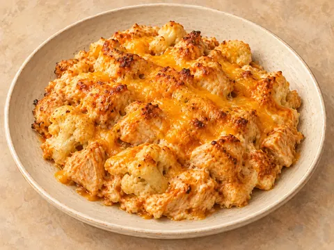 Illustration of baked buffalo chicken and cauliflower casserole under melted cheddar.