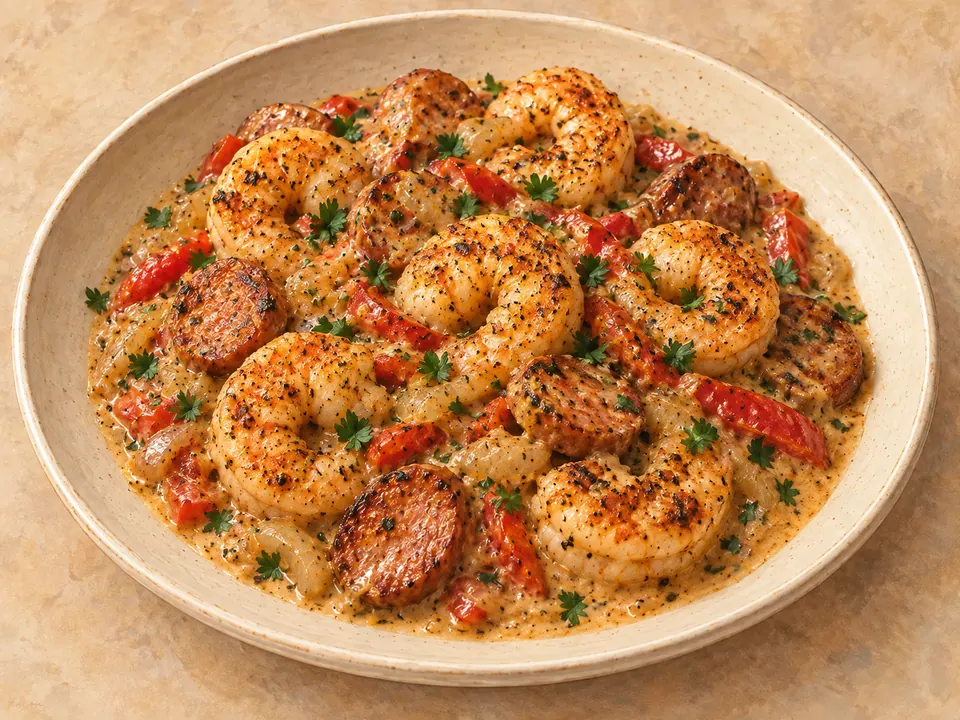 Illustration of shrimp and sausage with red bell peppers in creamy Cajun sauce.