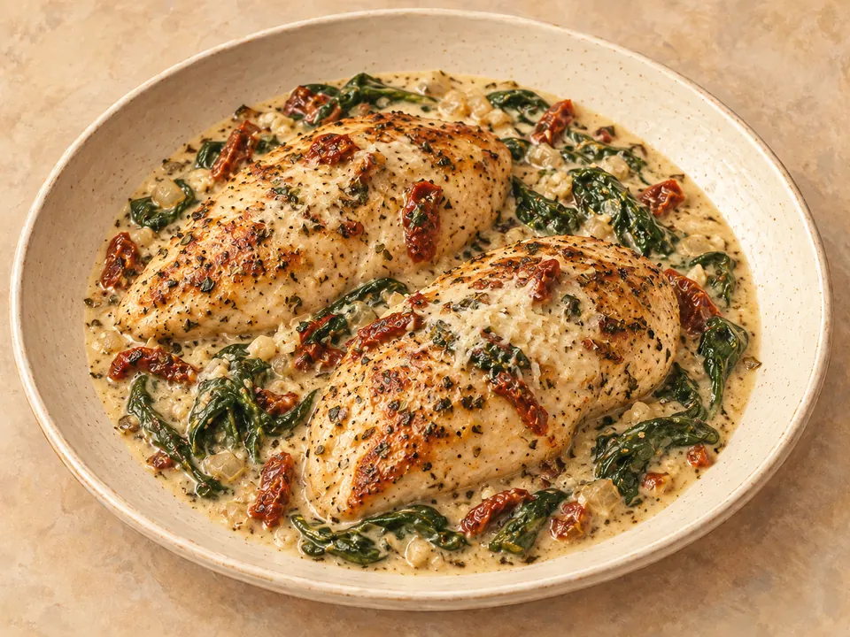 Illustration of seared chicken breasts with spinach and sun-dried tomatoes in parmesan cream sauce.