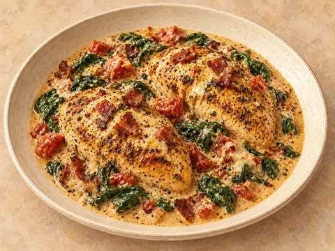 Illustration of chicken breasts with bacon and spinach in creamy mozzarella sauce.
