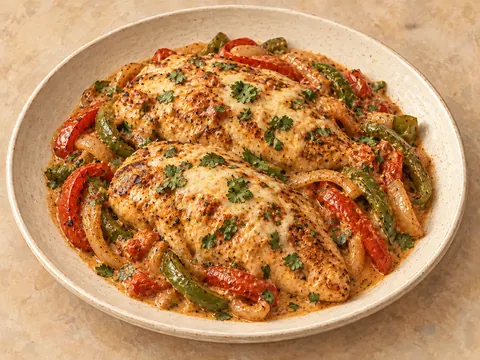 Illustration of chicken breasts with peppers and onion in creamy fajita sauce under melted mozzarella.